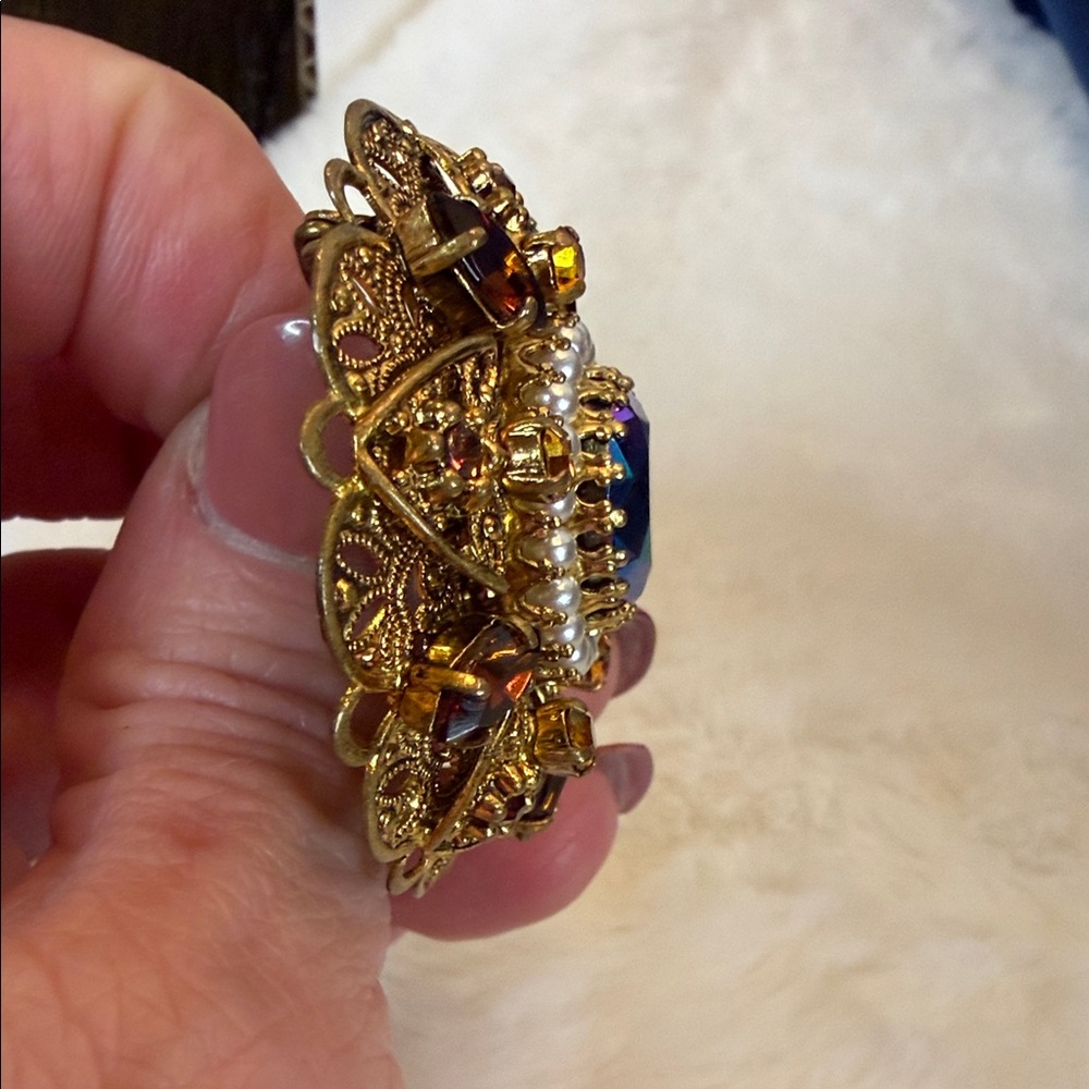 Vintage West Germany Gold and Multicolor Brooch With AB Center Stone - Picture 6 of 9